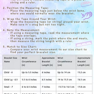 The image provides instructions for measuring your wrist and a sizing chart for bracelets. Use a measuring tape or string to measure wrist circumference. Sizes: Child, Child Lg, Small, Medium, and Large. Measurements listed in inches and centimeters.
