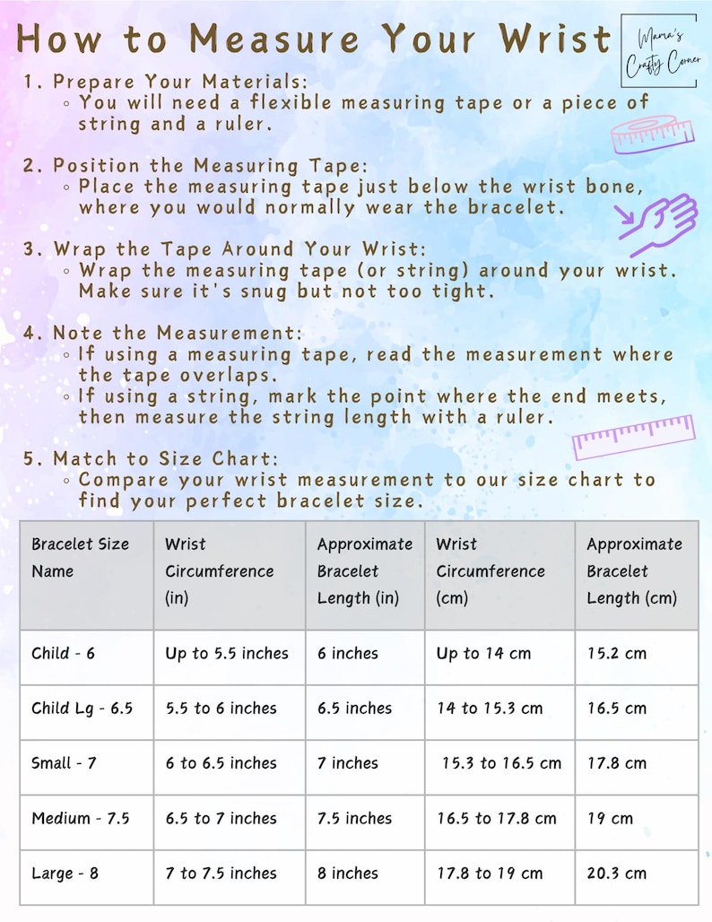The image provides instructions for measuring your wrist and a sizing chart for bracelets. Use a measuring tape or string to measure wrist circumference. Sizes: Child, Child Lg, Small, Medium, and Large. Measurements listed in inches and centimeters.