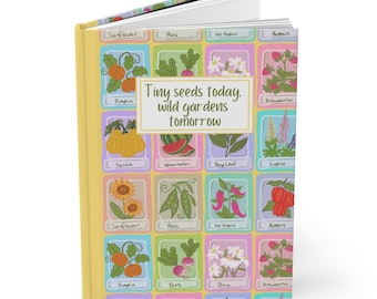 Può includere: Un quaderno giallo con una copertina colorata che presenta illustrazioni di vari semi e il testo "Tiny seeds today. wild gardens tomorrow."