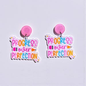 Progress Over Perfection Earrings | Teacher Motivation Earrings | Positive Quote Dangles | Classroom Teacher Gift | Lyanna's Closet