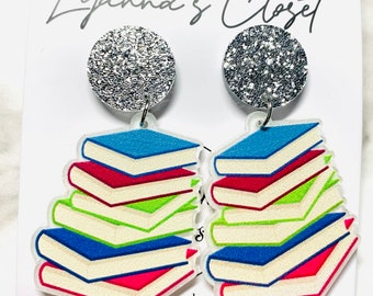 Stacked Books Earrings | Teacher Earrings | Librarian Gift | Book Lover Jewelry | Reading Earrings | Cute Acrylic Earrings | Back to School