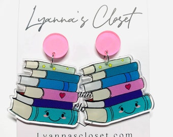 Book Stack Earrings | Teacher Librarian Earrings | Cute Book Lover Jewelry | Reading Teacher Gift | Pink Glitter Dangle Earrings