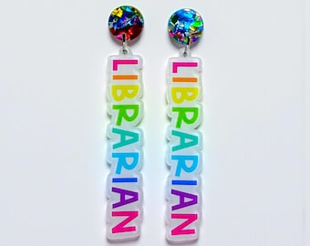 Librarian Earrings | Bibliotecaria Earrings | Rainbow Teacher Earrings | Book Lover Earrings | Acrylic Statement Earrings