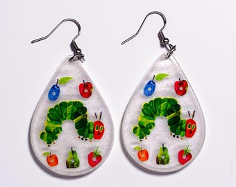 Hungry Caterpillar Earrings | Teacher Book Earrings | Clear Teardrop Dangle Earrings | Reading Teacher Gift Jewelry