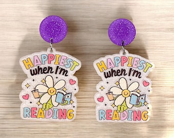 Happiest When I’m Reading Earrings | Book Lover Earrings | Cute Teacher & Librarian Jewelry | Pastel Acrylic Earrings | Lyanna’s Closet
