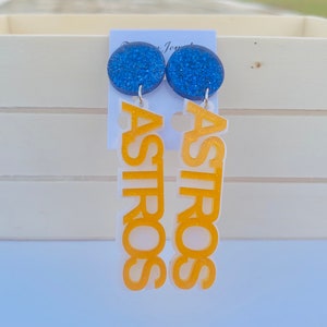 Astros Earrings/ Astros word earrings with Stud/ Orange and Blue Astros Earrings/Astros Dangle earrings