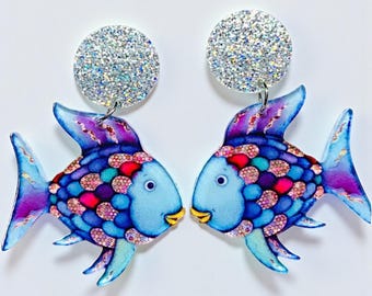 Rainbow Fish Dangle Earrings | Glitter Acrylic, Teacher Librarian Gift