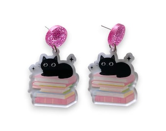 Black Cat and Books Earrings | Cute Teacher Librarian Jewelry | Cat Lover Gift | Acrylic Dangle Earrings