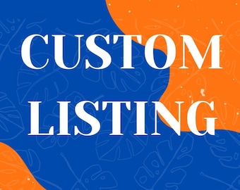 Puede incluir: Gráfico con las palabras "CUSTOM LISTING" en blanco y negrita. El fondo es una mezcla de azul y naranja con un patrón de hojas tropicales.