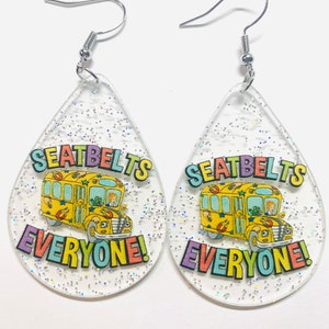 Seatbelts everyone, teacher earrings, gift for teachers, teacher appreciation gift, bright colored teacher, colorful teacher, school bus