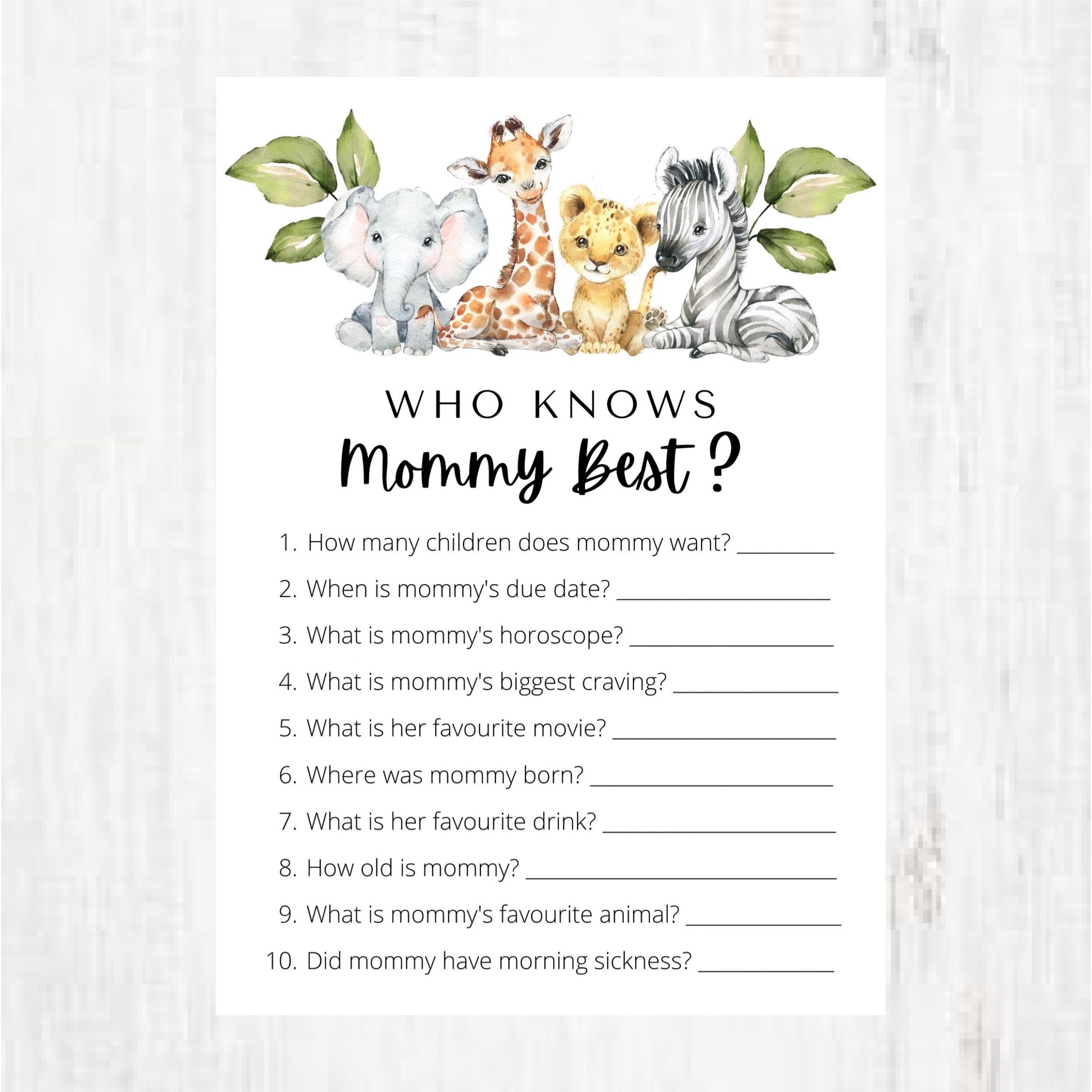 Who Knows Mommy Best Baby Shower Game Safari Baby Animal Etsy