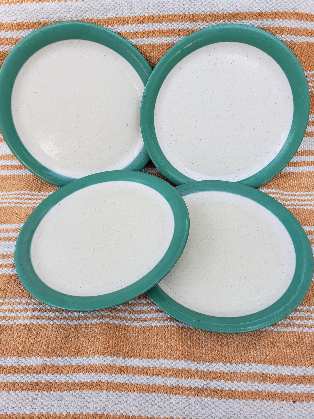 Set of 4 Vintage Retro Dinner Plates Speckled Melamine W/ Green Rim Etsy