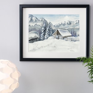 Mountain Painting Good Gift Siberia Snowy Landscape Watercolor Original Art Painting Country House 8&quot; x 12&quot; by NikArtGift