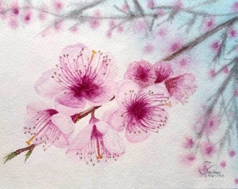 桃の花の版画 – 墨と水彩画（複製） - Etsy 日本