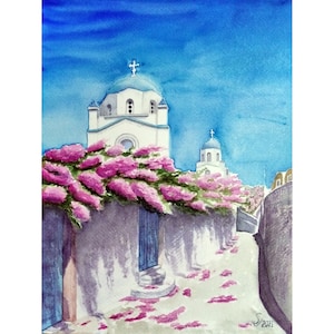 Santorini Malerei Griechisch Kirche Aquarell Malerei Griechenland Original Kunst Bougainvillea Malerei Wand Kunst 12.5x10&quot; 32 x 25 cm NikArtGift