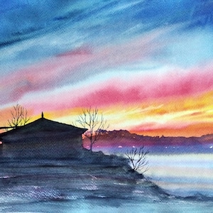 Sunset Original Painting Spanish Village Galician House Good Gift Watercolor Landscape Spain Original art 25x36 см 11x15&quot; от NikArtGift