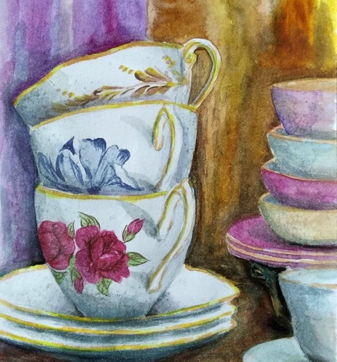 Cups with Flowers Watercolor Still Life with Cups Painting Etsy