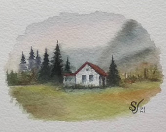 Country House Painting Miniature Watercolor Good Gift Sunset Original art Watercolor 3*5", 8*12 cm from NikArtGift