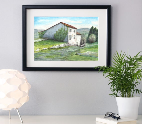Spanish Country House Painting Watercolor Landscape Original Art 20x30 cm 8x11 inches by NikArtGift