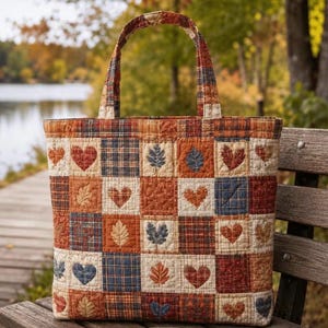 Puede incluir: Un bolso tote acolchado con un diseño de patchwork de cuadrados en tonos naranja, marrón y azul. El patrón incluye motivos alternos de corazones y hojas de otoño, con algunos cuadrados que muestran una textura de tela a cuadros.