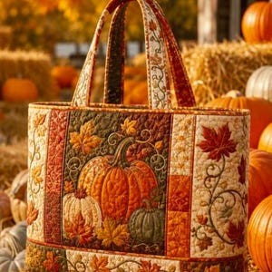 May include: A quilted tote bag featuring a patchwork design with autumn-themed motifs including orange, white, and green pumpkins surrounded by fall leaves. The bag has two fabric handles and a rectangular structure with detailed stitching throughout.