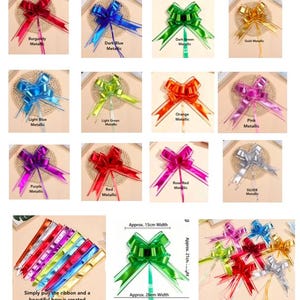 May include: A collection of twelve metallic pull bows in various colors including burgundy, blue, green, gold, orange, pink, purple, red, rose red, and silver. Each bow features long ribbon tails and measures approximately 15 cm by 26 cm.