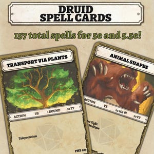 Op de afbeelding: Twee Druid Spell Cards met de tekst "DRUID SPELL CARDS" bovenaan. Eén kaart toont een boomillustratie met de tekst "TRANSPORT VIA PLANTS". De andere kaart toont een berenillustratie met de tekst "ANIMAL SHAPES".