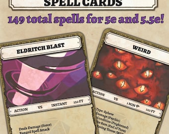 May include: Two Dungeons and Dragons spell cards, one titled "Eldritch Blast" with a purple and black background and the other titled "Weird" with a red background and multiple eyes. Both cards have text describing the spell's effects and stats.