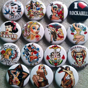 10pc Rockabilly flatbacks, 1&quot; flatbacks. Pinbacks, flatbacks