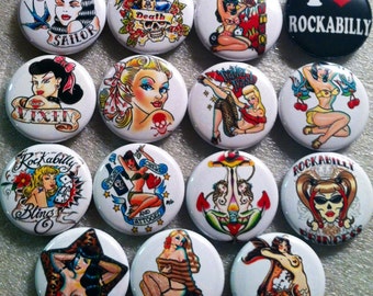10pc Rockabilly flatbacks, 1" flatbacks. Pinbacks, flatbacks