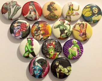 10pc Pin up girls zombie 1" flatbacks. Pinbacks, flatbacks. Pin up