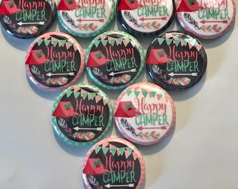 10pc Happy Camper, 1" flatbacks. Pinbacks, flatbacks Camping outdoors