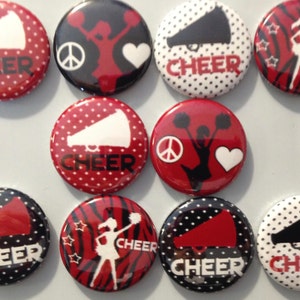 10pc Cheer Black/Red  1&quot; flatbacks. Pinbacks, flatbacks school