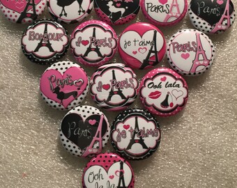 10pc Paris Oh La La 1" flatbacks. Pinbacks, flatbacks