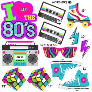 80's Set, converse, roller skates, rubrics cube, boombox, cassettes, neon colors, yard cards