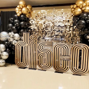 DISCO, Gold, individual letters 4ft tall Set Coroplast Party Props decorations cutouts signs decor table centerpieces Yard cards