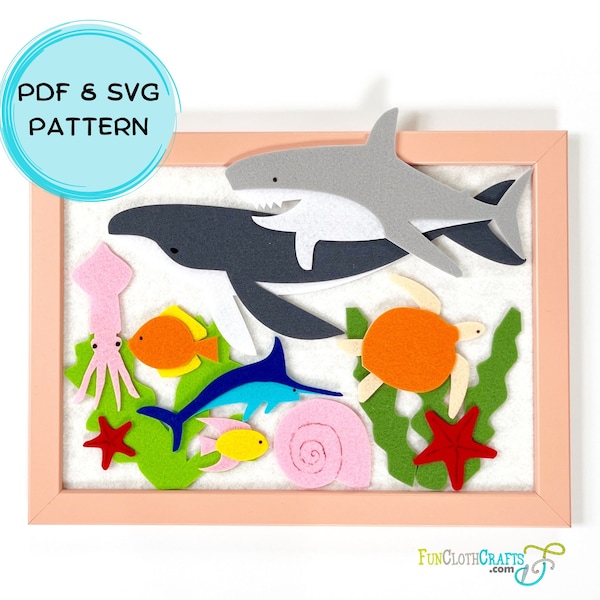 Under the Sea Felt Board Pattern with SVG (VARIANT B) - DIY Whale, Shark, Sea Turtle, Swordfish. Cute learn play activity preschool activity