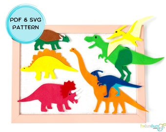 Seven Dinosaurs Felt Board Pattern with SVG file, Easy to make set for Pretend and Imaginative Play,  DIY felt board for fun play time.