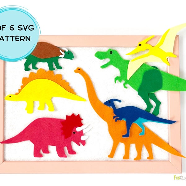 Seven Dinosaurs Felt Board Pattern with SVG file, Easy to make set for Pretend and Imaginative Play,  DIY felt board for fun play time.