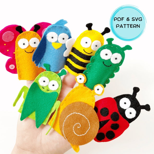 Motif de marionnettes à doigt en feutre animaux du jardin PDF et SVG, activités éducatives pour les tout-petits, jouet Montessori, marionnettes insectes et insectes