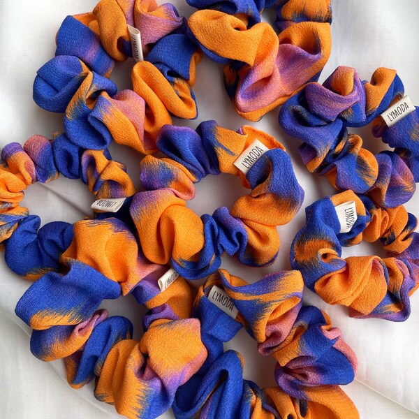 Handmade Scrunchie Haargummi Haarband Lymoda Orange Blau Royalblau gemustert Sommer Frühling Spring Haarreifen Haarband Viskose