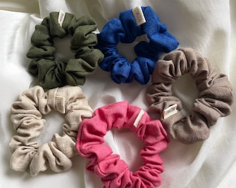 Handmade Scrunchie handgemacht Leinen Beige Blau Grün Khaki Rosa Braun Lymoda Haargummi Haarband Haarreifen Haarclip