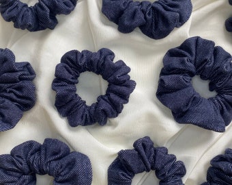 Handmade scrunchie jeans look jersey jeans stretch dark blue hair tie hair band Lymoda