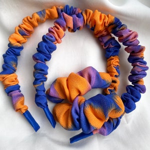 Handmade Scrunchie Haargummi Haarband Lymoda Orange Blau Royalblau gemustert Sommer Frühling Spring Haarreifen Haarband Viskose Bild 6