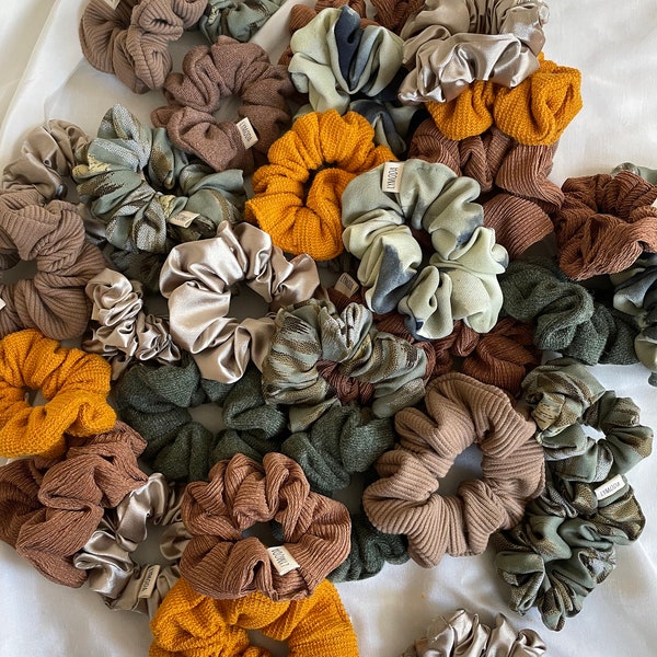 Handmade Scrunchie Haargummi Lymoda Herbst Gelb Grün Braun Gold Satin Jersey Ripped Autum Grün Türkis