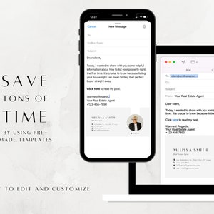 Może przedstawiać: Makieta ekranu smartfona pokazująca szablon wiadomości e-mail dla agenta nieruchomości. Wiadomość zawiera temat, powitanie i wezwanie do działania, aby przeczytać wpis agenta. Wiadomość zawiera r&oacute;wnież imię i nazwisko agenta, numer telefonu i adres strony internetowej. Wiadomość została zaprojektowana tak, aby była łatwa w edycji i personalizacji.