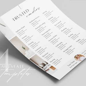 Könnte beinhalten: Ein weißes Blatt Papier mit einer Liste von vertrauenswürdigen Anbietern für Immobiliendienstleistungen. Die Liste umfasst Kategorien wie Geräte-Reparatur, Anwalt, Reinigung, Bauunternehmer, Elektriker, Bodenbeläge, Versicherungsmakler, Landschaftsbau, Hypothekenvermittler, Umzug, Malerei, Schädlingsbekämpfung, Sanitär, Dachdecker und Inszenierung. Das Papier enthält auch ein Foto eines Immobilienmaklers und Kontaktinformationen.