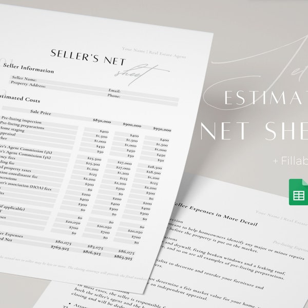 Seller's Estimated Net Sheet: pre-listing, closing costs. Template + Fillable PDF | real estate, editable Canva, realtor marketing printable