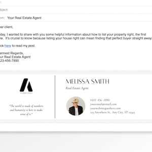 Może przedstawiać: E-mail od agenta nieruchomości z czarno-białym logo i tekstem "Your Logo". E-mail zawiera zdjęcie kobiety z tekstem "Melissa Smith, Agent nieruchomości" i danymi kontaktowymi.