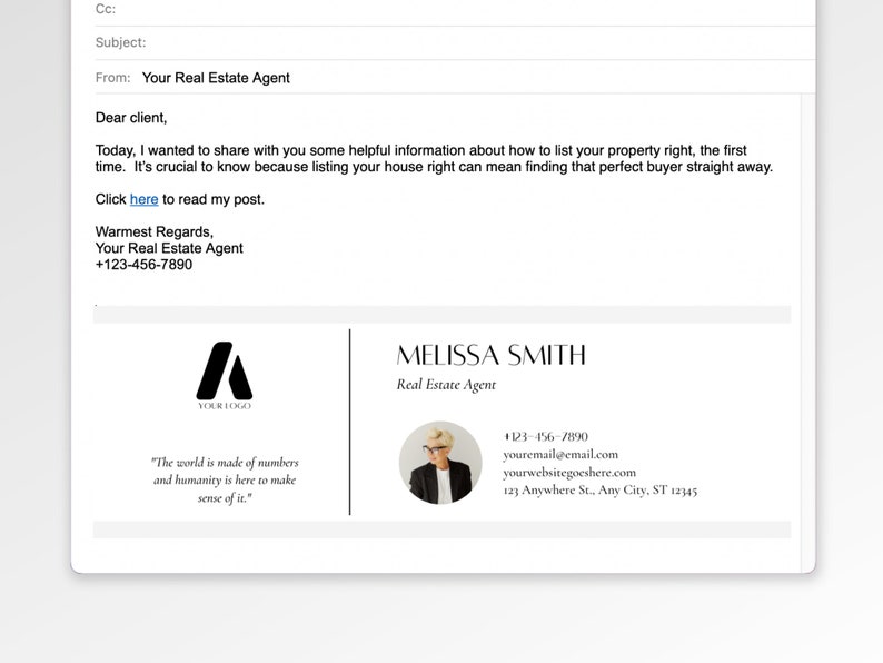 Może przedstawiać: E-mail od agenta nieruchomości z czarno-białym logo i tekstem "Your Logo". E-mail zawiera zdjęcie kobiety z tekstem "Melissa Smith, Agent nieruchomości" i danymi kontaktowymi.
